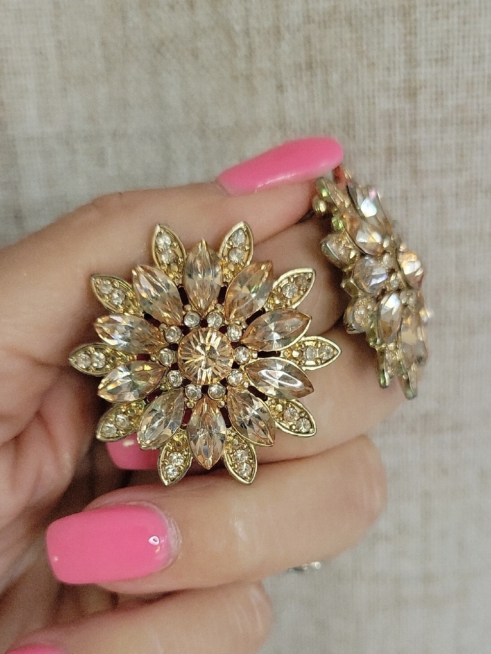 Crystal Floral Statement Earrings - Gold-Tone Champagne Sparkle - Picture 1 of 7